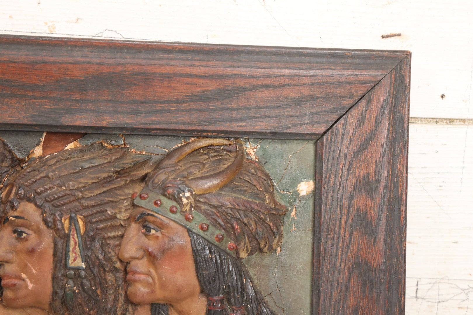 Lot 029 - Antique Chalkware Iroquois Native American Tribe Plaque In Frame, Copyright 1901, Note Very Badly Damaged