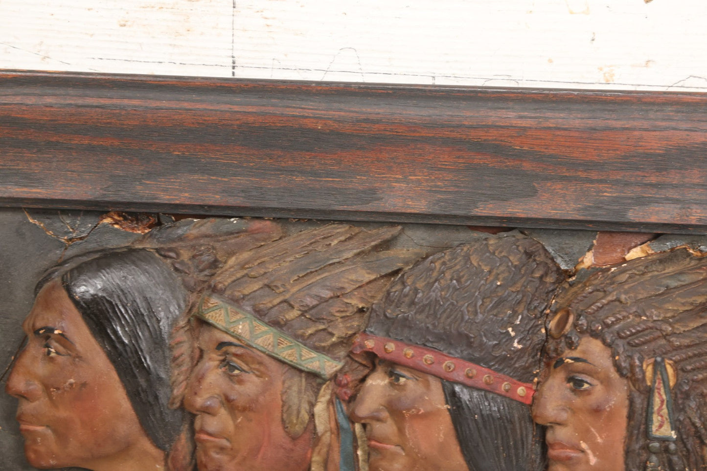 Lot 029 - Antique Chalkware Iroquois Native American Tribe Plaque In Frame, Copyright 1901, Note Very Badly Damaged