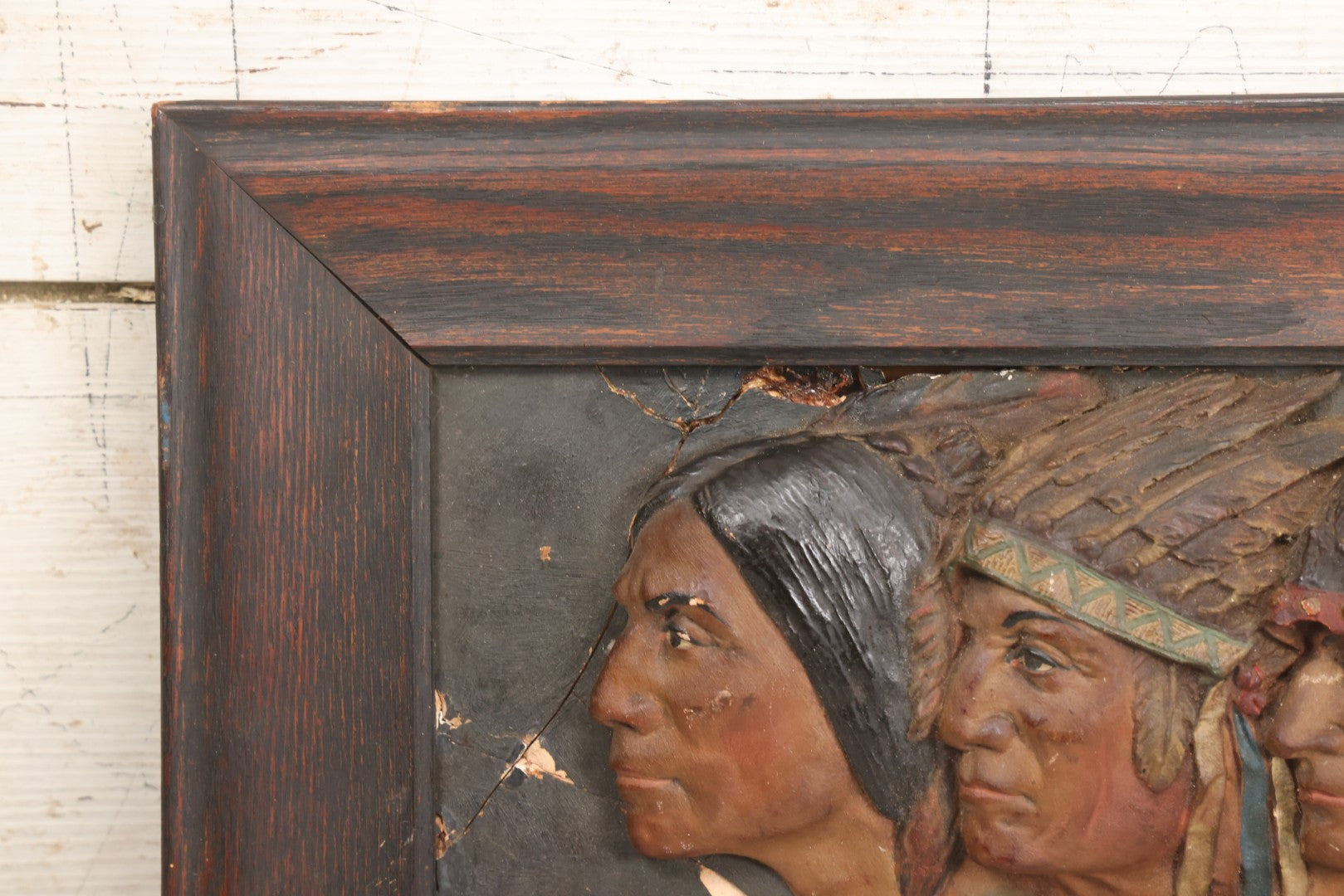 Lot 029 - Antique Chalkware Iroquois Native American Tribe Plaque In Frame, Copyright 1901, Note Very Badly Damaged