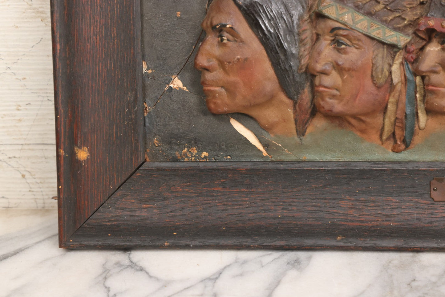 Lot 029 - Antique Chalkware Iroquois Native American Tribe Plaque In Frame, Copyright 1901, Note Very Badly Damaged