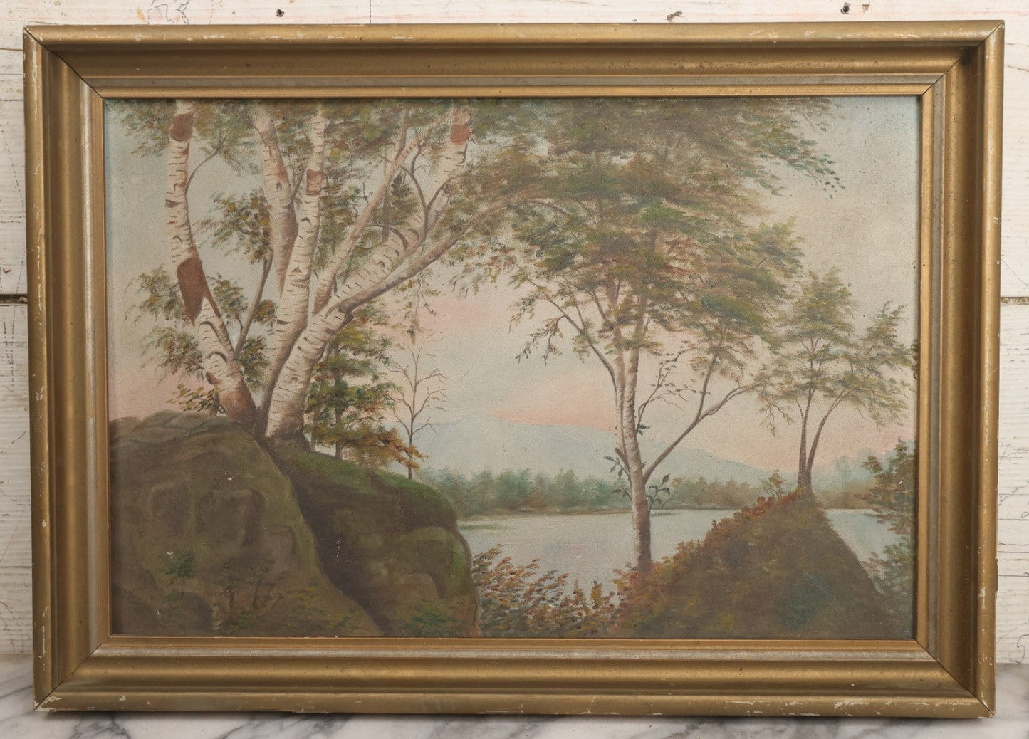 Lot 030 - Antique Oil On Board Landscaped Painting Of Lakeside Foliage, Mountain In Distant, Pastel Color Sky, On Devoe Academy Board, Circa 1900, In Frame