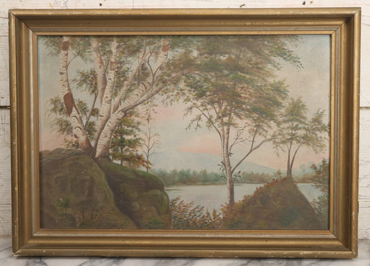 Lot 030 - Antique Oil On Board Landscaped Painting Of Lakeside Foliage, Mountain In Distant, Pastel Color Sky, On Devoe Academy Board, Circa 1900, In Frame