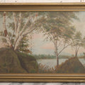 Lot 030 - Antique Oil On Board Landscape Painting Of Lakeside Foliage, Mountain In Distance, Pastel Color Sky, On Devoe Academy Board, Circa 1900, In Frame, 20-1/4" x 14-1/2"