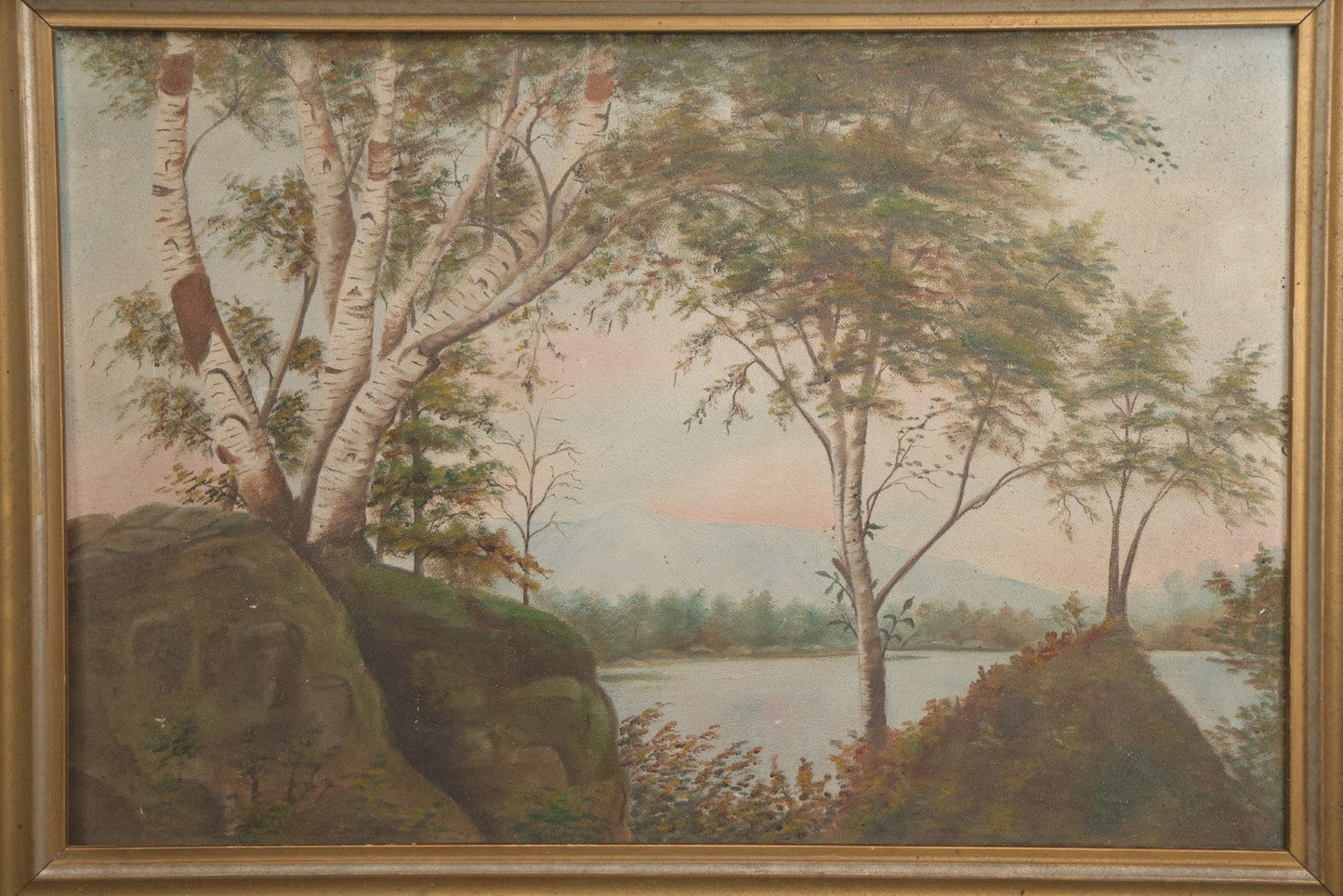 Lot 030 - Antique Oil On Board Landscaped Painting Of Lakeside Foliage, Mountain In Distant, Pastel Color Sky, On Devoe Academy Board, Circa 1900, In Frame
