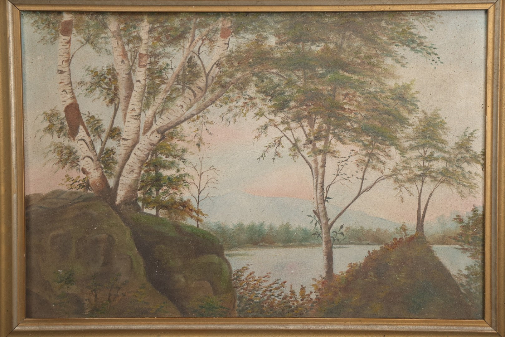 Lot 030 - Antique Oil On Board Landscaped Painting Of Lakeside Foliage, Mountain In Distant, Pastel Color Sky, On Devoe Academy Board, Circa 1900, In Frame