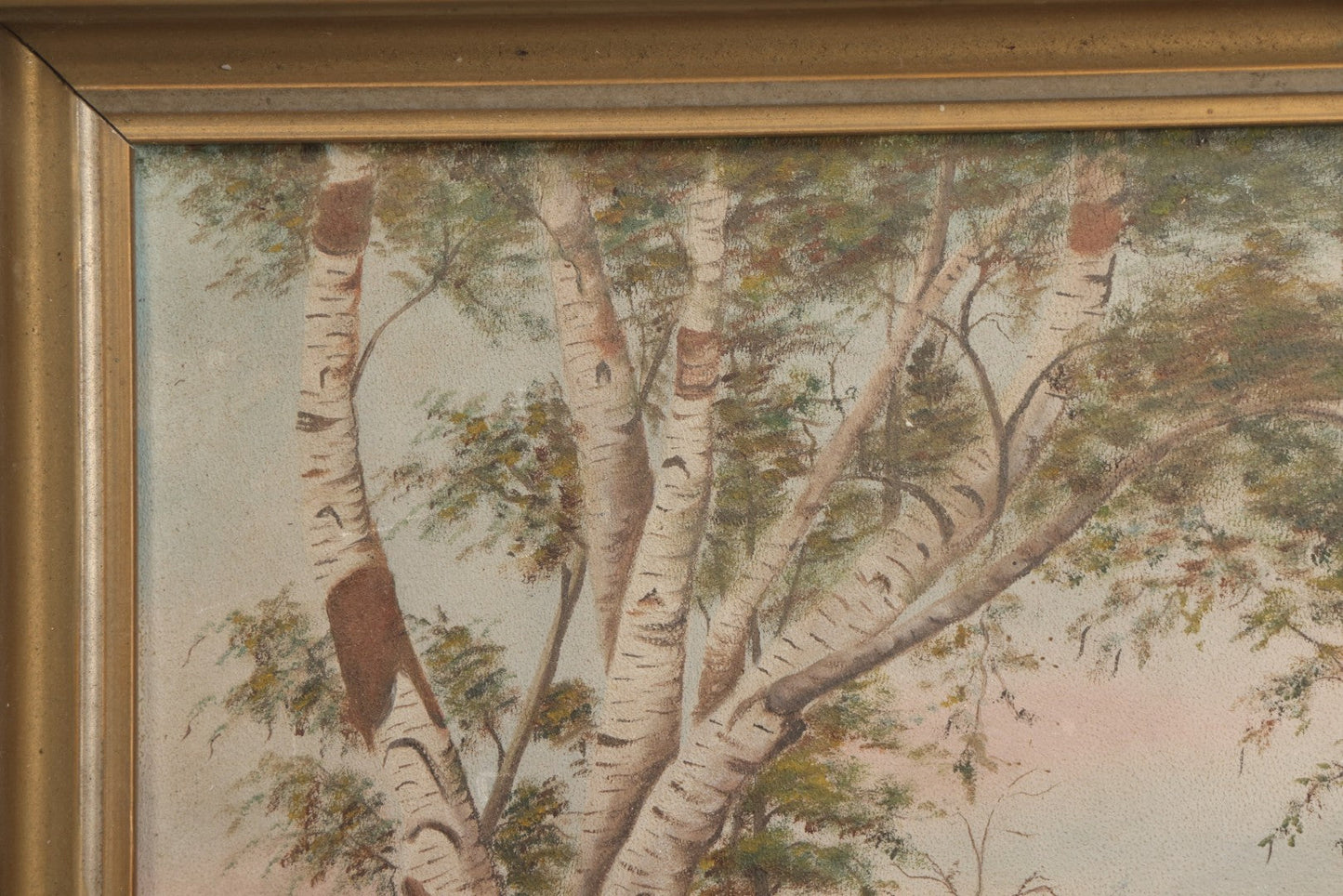 Lot 030 - Antique Oil On Board Landscaped Painting Of Lakeside Foliage, Mountain In Distant, Pastel Color Sky, On Devoe Academy Board, Circa 1900, In Frame