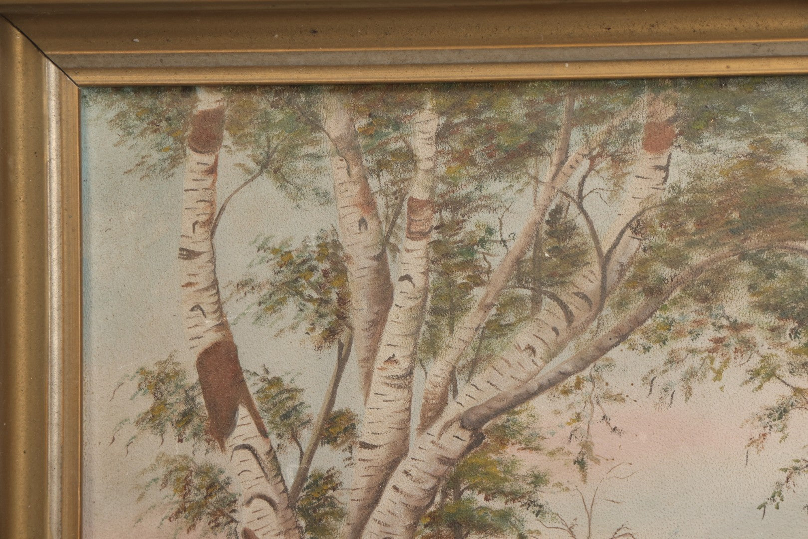 Lot 030 - Antique Oil On Board Landscaped Painting Of Lakeside Foliage, Mountain In Distant, Pastel Color Sky, On Devoe Academy Board, Circa 1900, In Frame