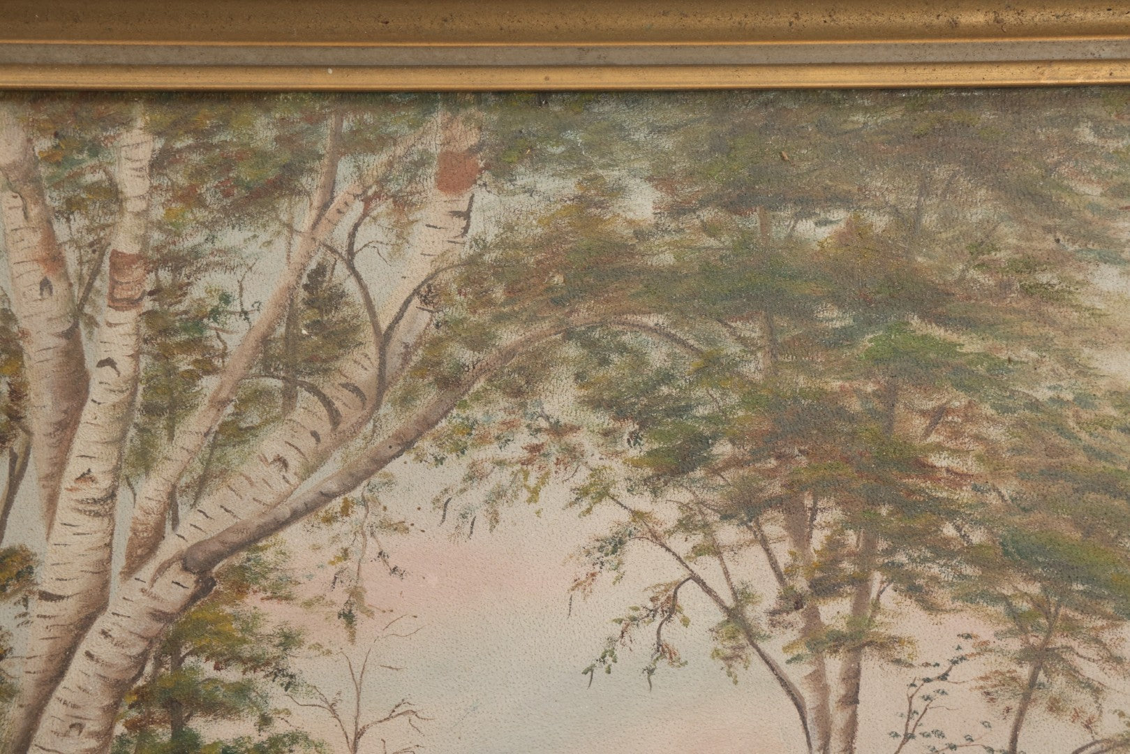 Lot 030 - Antique Oil On Board Landscaped Painting Of Lakeside Foliage, Mountain In Distant, Pastel Color Sky, On Devoe Academy Board, Circa 1900, In Frame