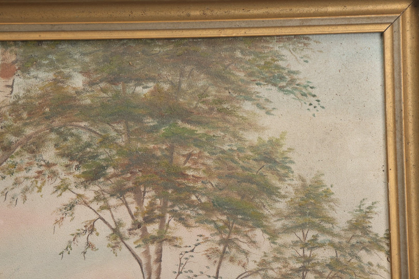Lot 030 - Antique Oil On Board Landscaped Painting Of Lakeside Foliage, Mountain In Distant, Pastel Color Sky, On Devoe Academy Board, Circa 1900, In Frame
