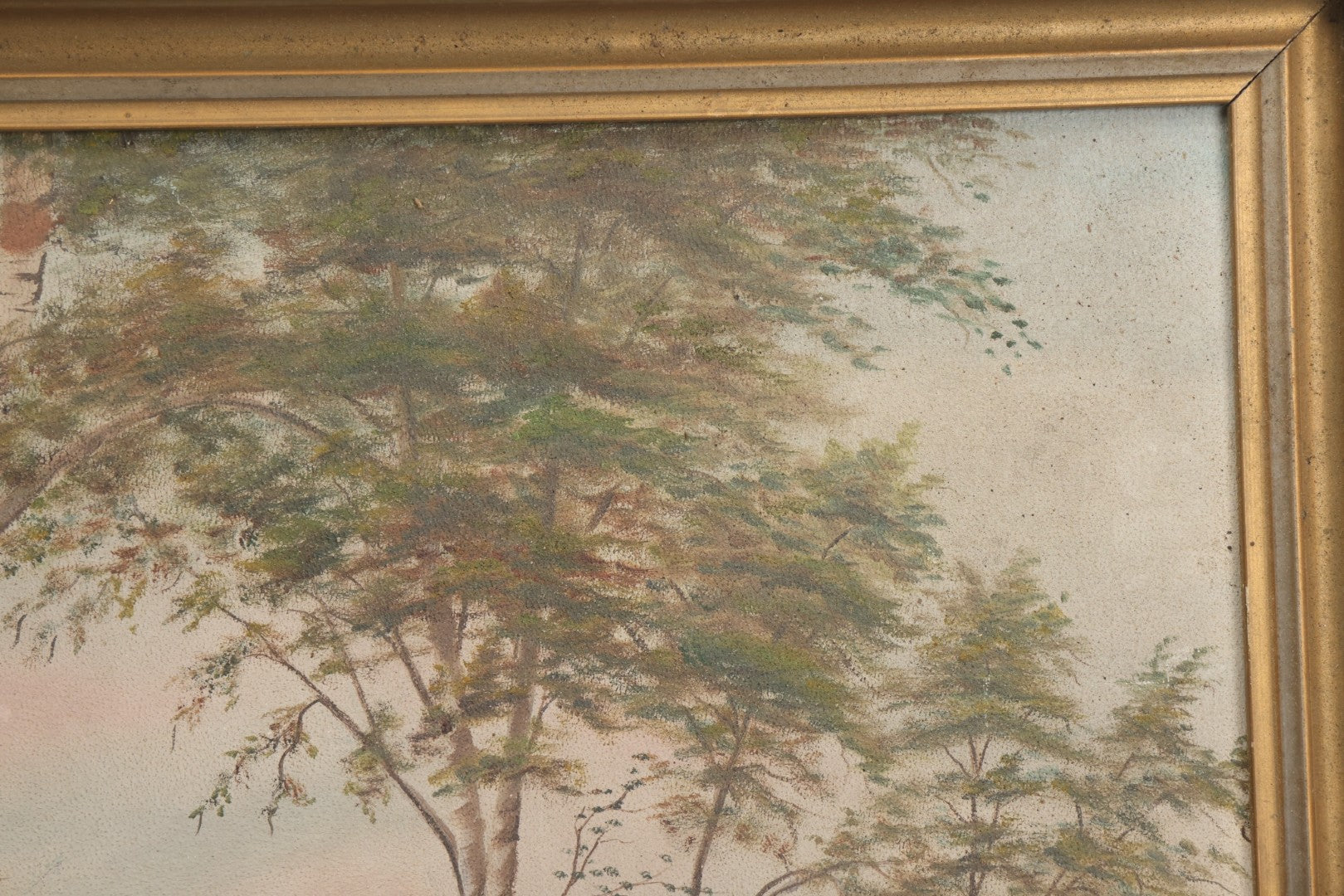 Lot 030 - Antique Oil On Board Landscaped Painting Of Lakeside Foliage, Mountain In Distant, Pastel Color Sky, On Devoe Academy Board, Circa 1900, In Frame
