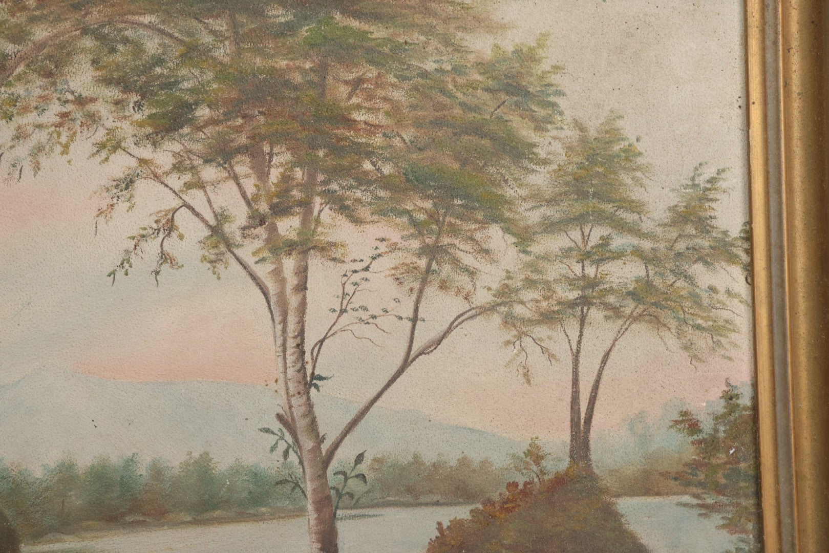 Lot 030 - Antique Oil On Board Landscaped Painting Of Lakeside Foliage, Mountain In Distant, Pastel Color Sky, On Devoe Academy Board, Circa 1900, In Frame