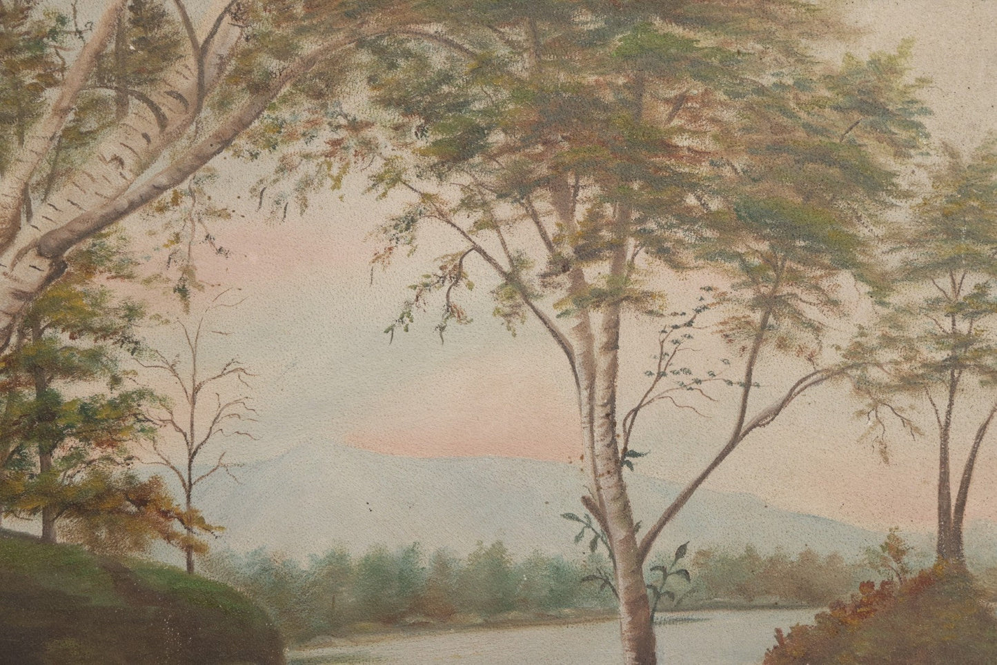 Lot 030 - Antique Oil On Board Landscaped Painting Of Lakeside Foliage, Mountain In Distant, Pastel Color Sky, On Devoe Academy Board, Circa 1900, In Frame
