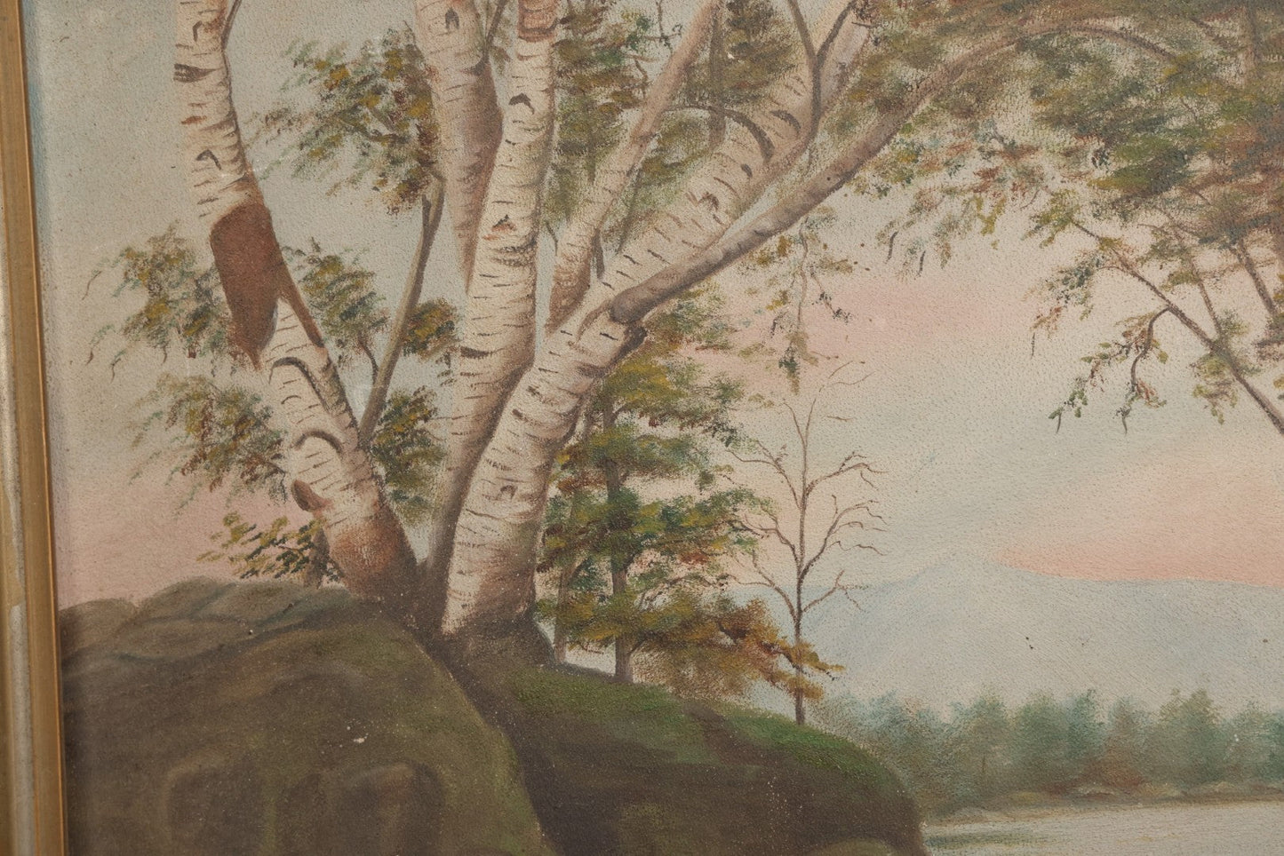 Lot 030 - Antique Oil On Board Landscaped Painting Of Lakeside Foliage, Mountain In Distant, Pastel Color Sky, On Devoe Academy Board, Circa 1900, In Frame