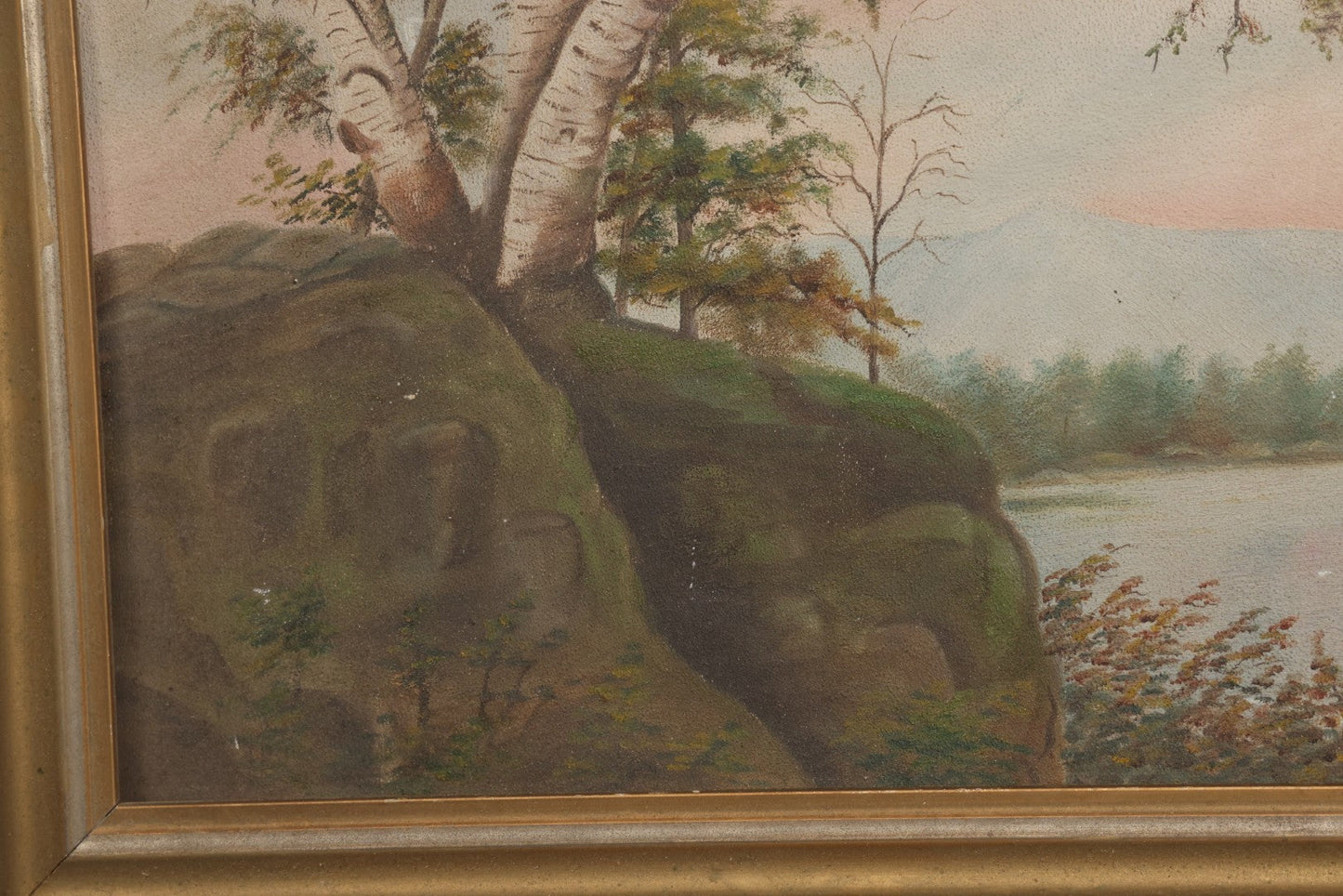 Lot 030 - Antique Oil On Board Landscaped Painting Of Lakeside Foliage, Mountain In Distant, Pastel Color Sky, On Devoe Academy Board, Circa 1900, In Frame