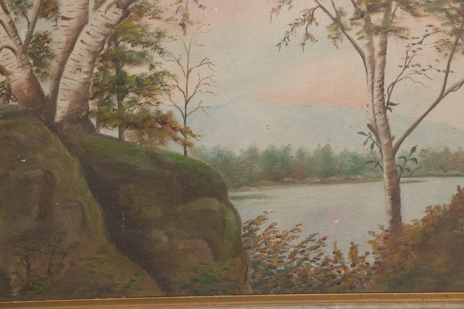 Lot 030 - Antique Oil On Board Landscaped Painting Of Lakeside Foliage, Mountain In Distant, Pastel Color Sky, On Devoe Academy Board, Circa 1900, In Frame