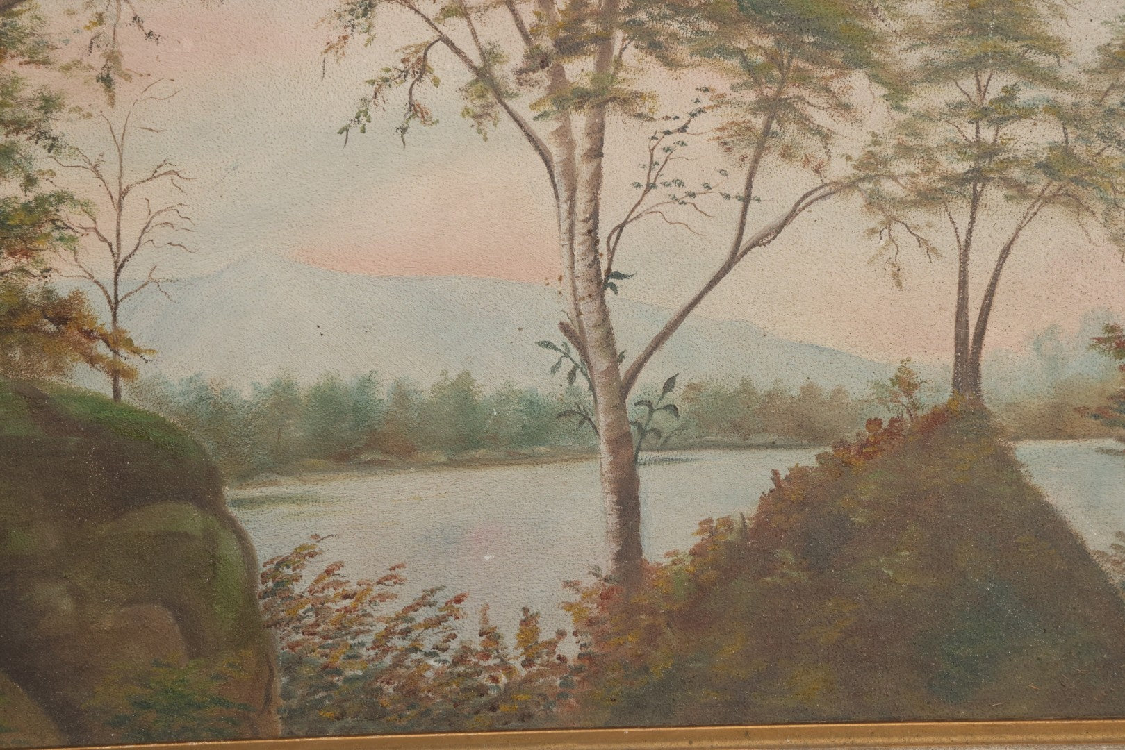 Lot 030 - Antique Oil On Board Landscaped Painting Of Lakeside Foliage, Mountain In Distant, Pastel Color Sky, On Devoe Academy Board, Circa 1900, In Frame