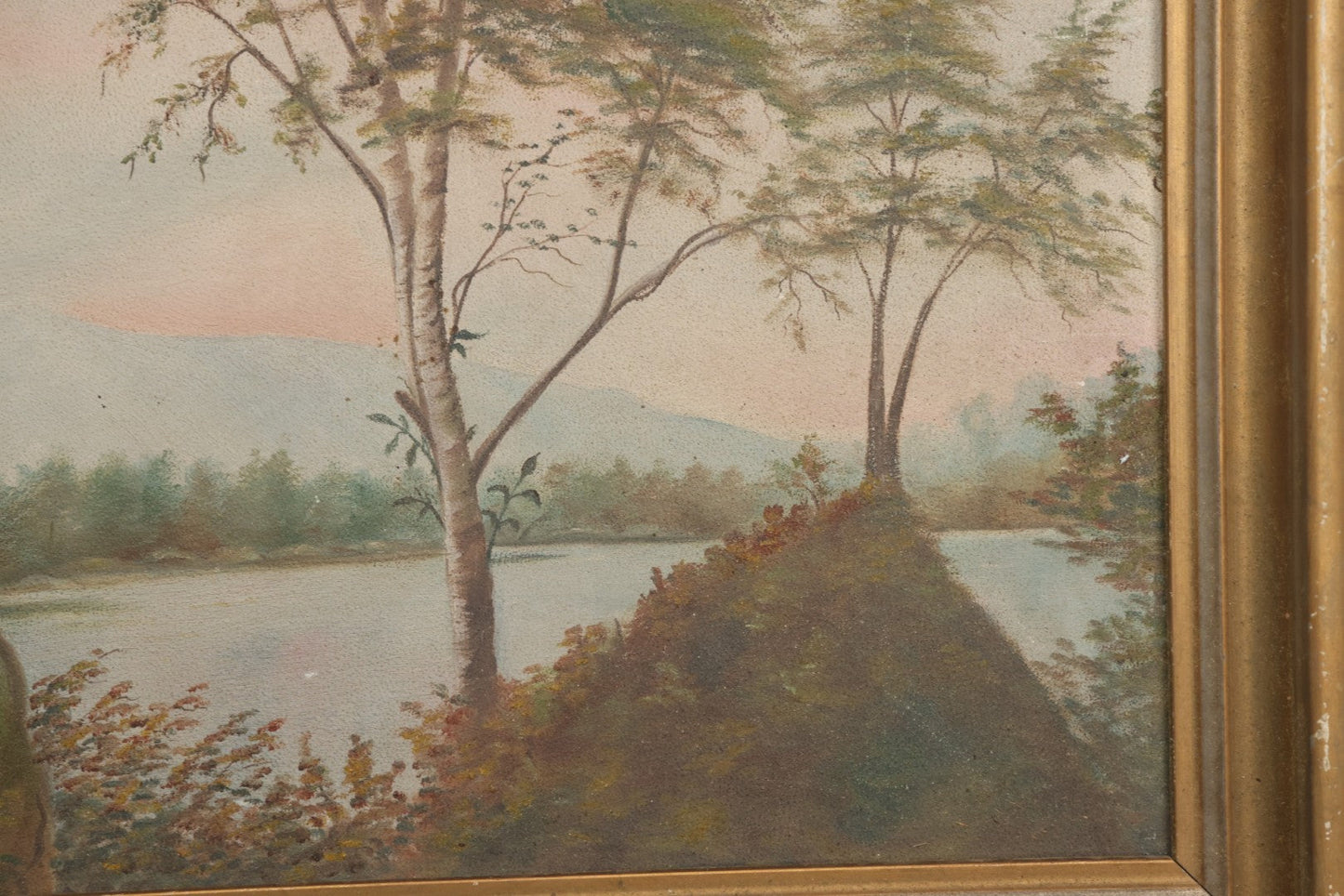 Lot 030 - Antique Oil On Board Landscaped Painting Of Lakeside Foliage, Mountain In Distant, Pastel Color Sky, On Devoe Academy Board, Circa 1900, In Frame