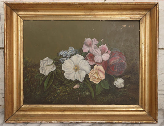 Lot 031 - Antique Oil On Board Still Life Painting Of Flowers With Red Rose, White And Pink Flowers, Green Background, In Frame, Board Marked From M.S. Baker, Dealer, Signed Tucker, Verso, Note Losses, Wear