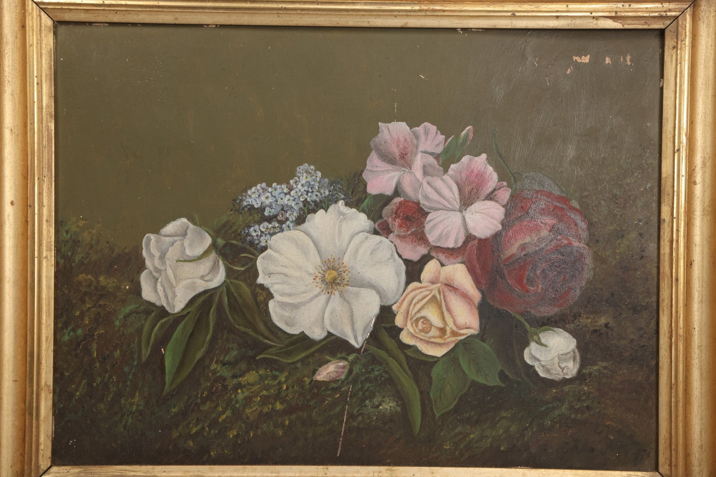 Lot 031 - Antique Oil On Board Still Life Painting Of Flowers With Red Rose, White And Pink Flowers, Green Background, In Frame, Board Marked From M.S. Baker, Dealer, Signed Tucker, Verso, Note Losses, Wear
