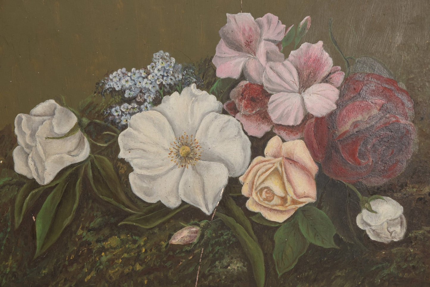 Lot 031 - Antique Oil On Board Still Life Painting Of Flowers With Red Rose, White And Pink Flowers, Green Background, In Frame, Board Marked From M.S. Baker, Dealer, Signed Tucker, Verso, Note Losses, Wear