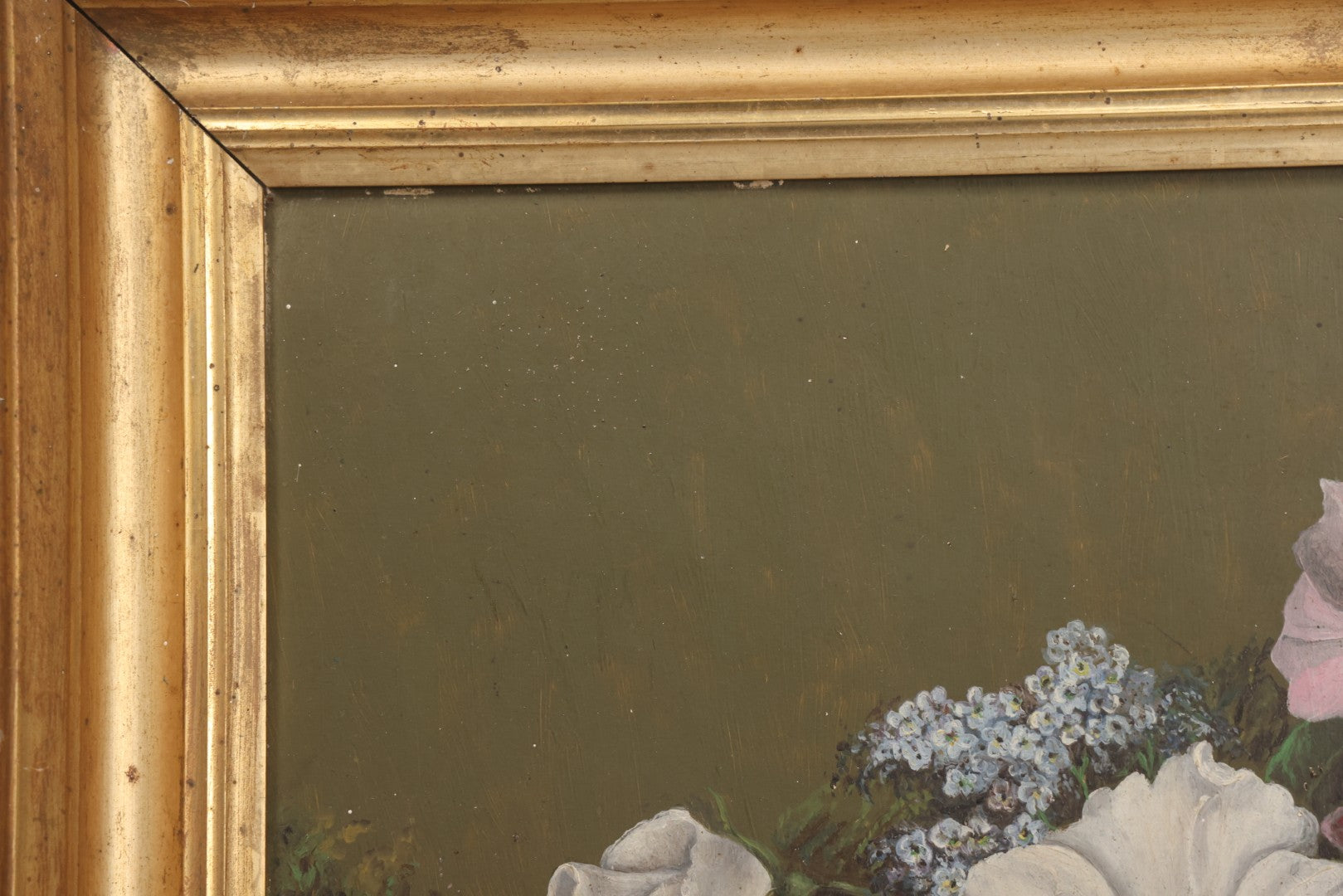 Lot 031 - Antique Oil On Board Still Life Painting Of Flowers With Red Rose, White And Pink Flowers, Green Background, In Frame, Board Marked From M.S. Baker, Dealer, Signed Tucker, Verso, Note Losses, Wear