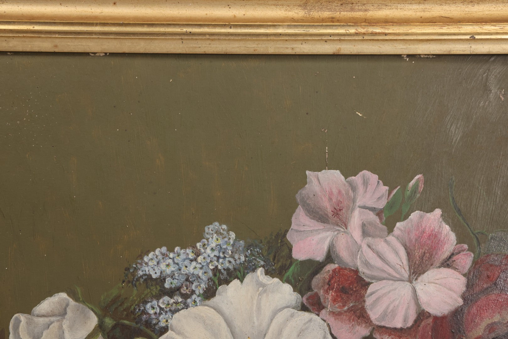 Lot 031 - Antique Oil On Board Still Life Painting Of Flowers With Red Rose, White And Pink Flowers, Green Background, In Frame, Board Marked From M.S. Baker, Dealer, Signed Tucker, Verso, Note Losses, Wear