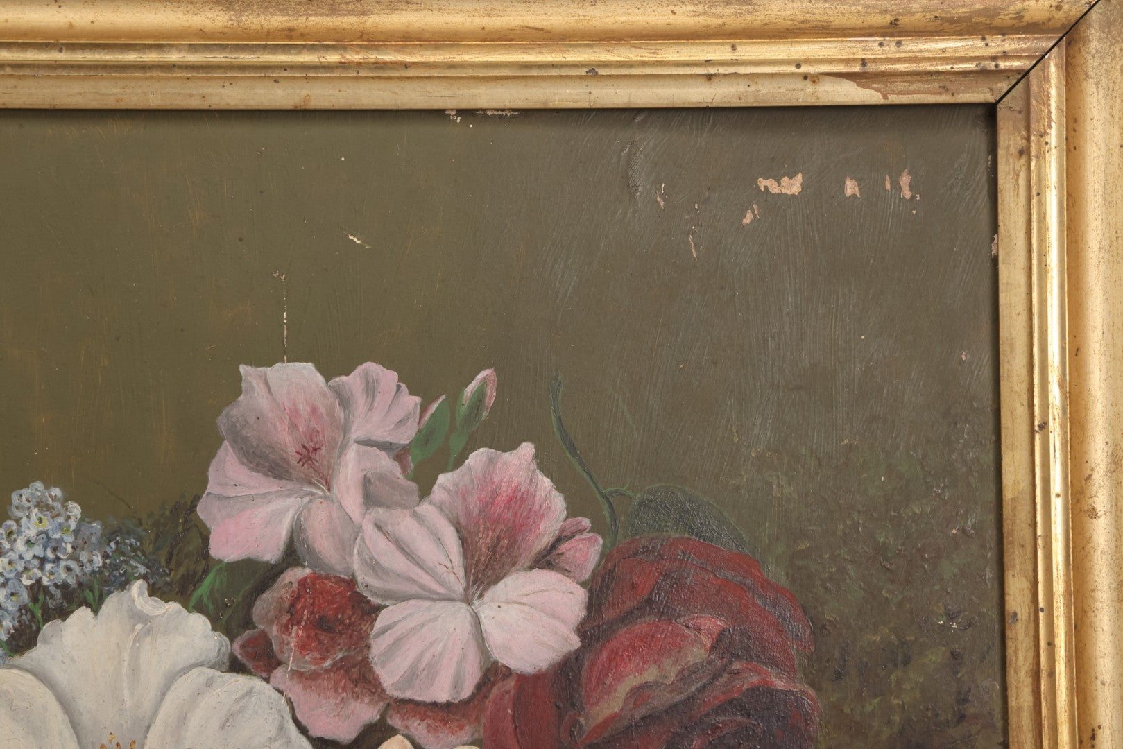 Lot 031 - Antique Oil On Board Still Life Painting Of Flowers With Red Rose, White And Pink Flowers, Green Background, In Frame, Board Marked From M.S. Baker, Dealer, Signed Tucker, Verso, Note Losses, Wear