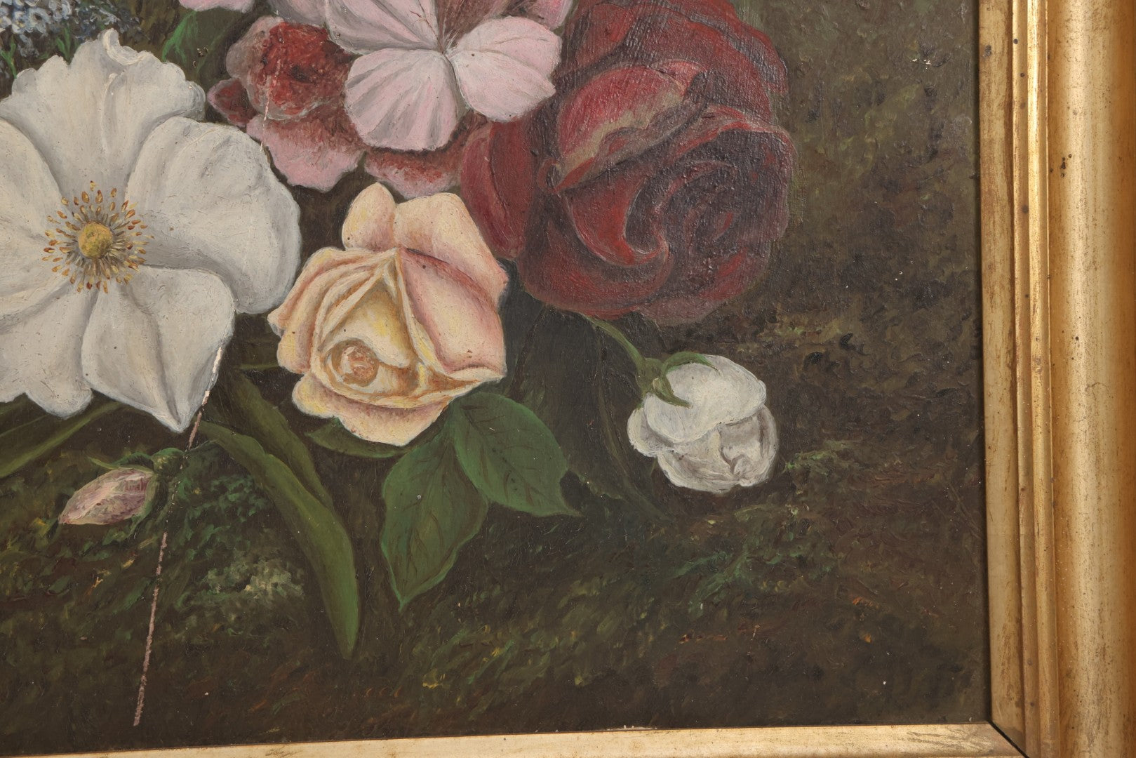 Lot 031 - Antique Oil On Board Still Life Painting Of Flowers With Red Rose, White And Pink Flowers, Green Background, In Frame, Board Marked From M.S. Baker, Dealer, Signed Tucker, Verso, Note Losses, Wear