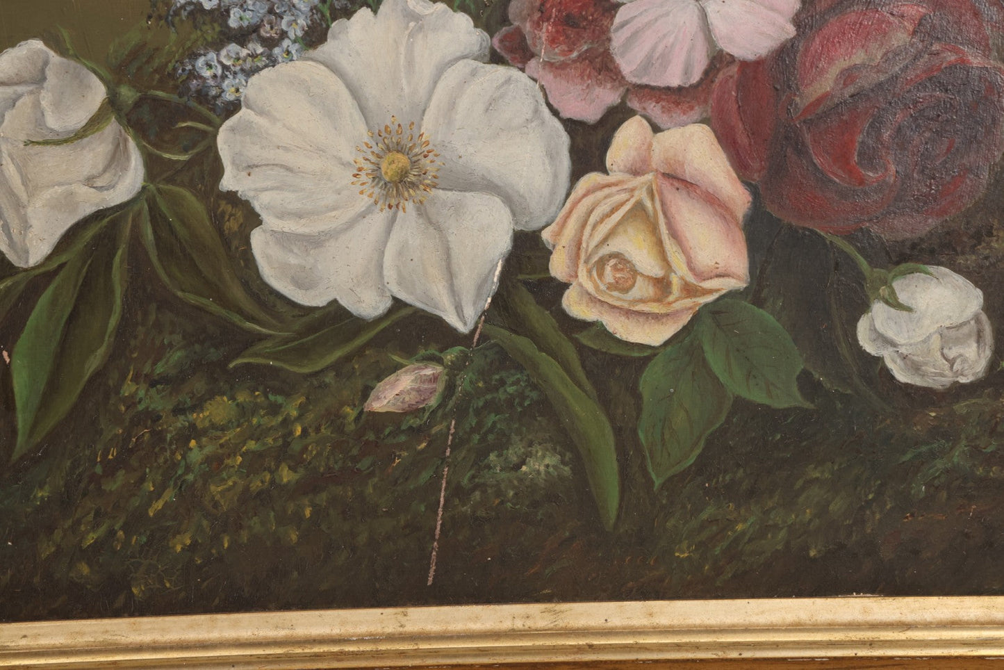 Lot 031 - Antique Oil On Board Still Life Painting Of Flowers With Red Rose, White And Pink Flowers, Green Background, In Frame, Board Marked From M.S. Baker, Dealer, Signed Tucker, Verso, Note Losses, Wear