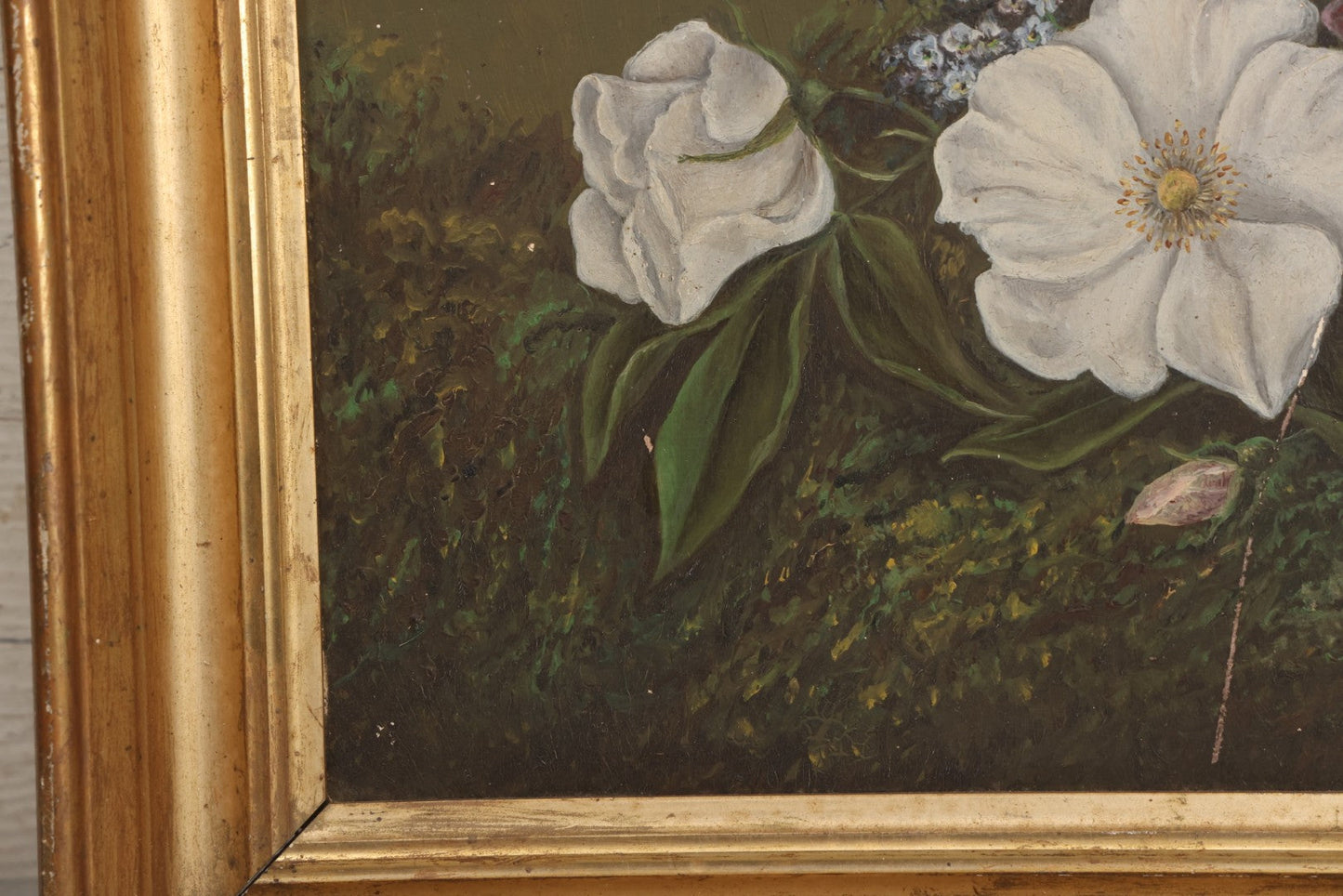 Lot 031 - Antique Oil On Board Still Life Painting Of Flowers With Red Rose, White And Pink Flowers, Green Background, In Frame, Board Marked From M.S. Baker, Dealer, Signed Tucker, Verso, Note Losses, Wear