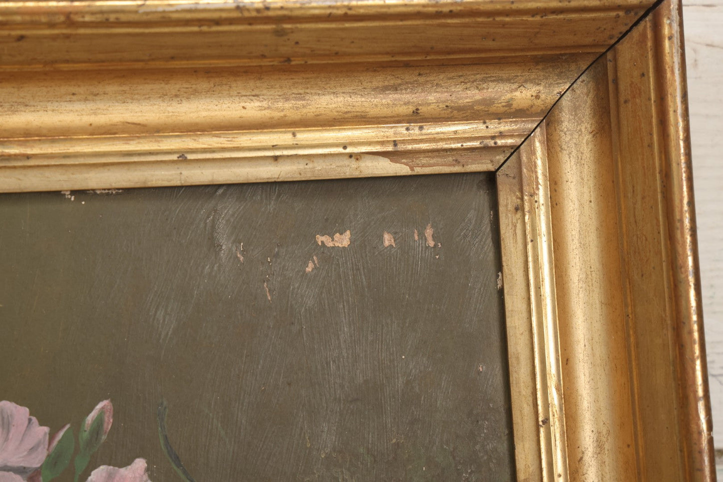 Lot 031 - Antique Oil On Board Still Life Painting Of Flowers With Red Rose, White And Pink Flowers, Green Background, In Frame, Board Marked From M.S. Baker, Dealer, Signed Tucker, Verso, Note Losses, Wear