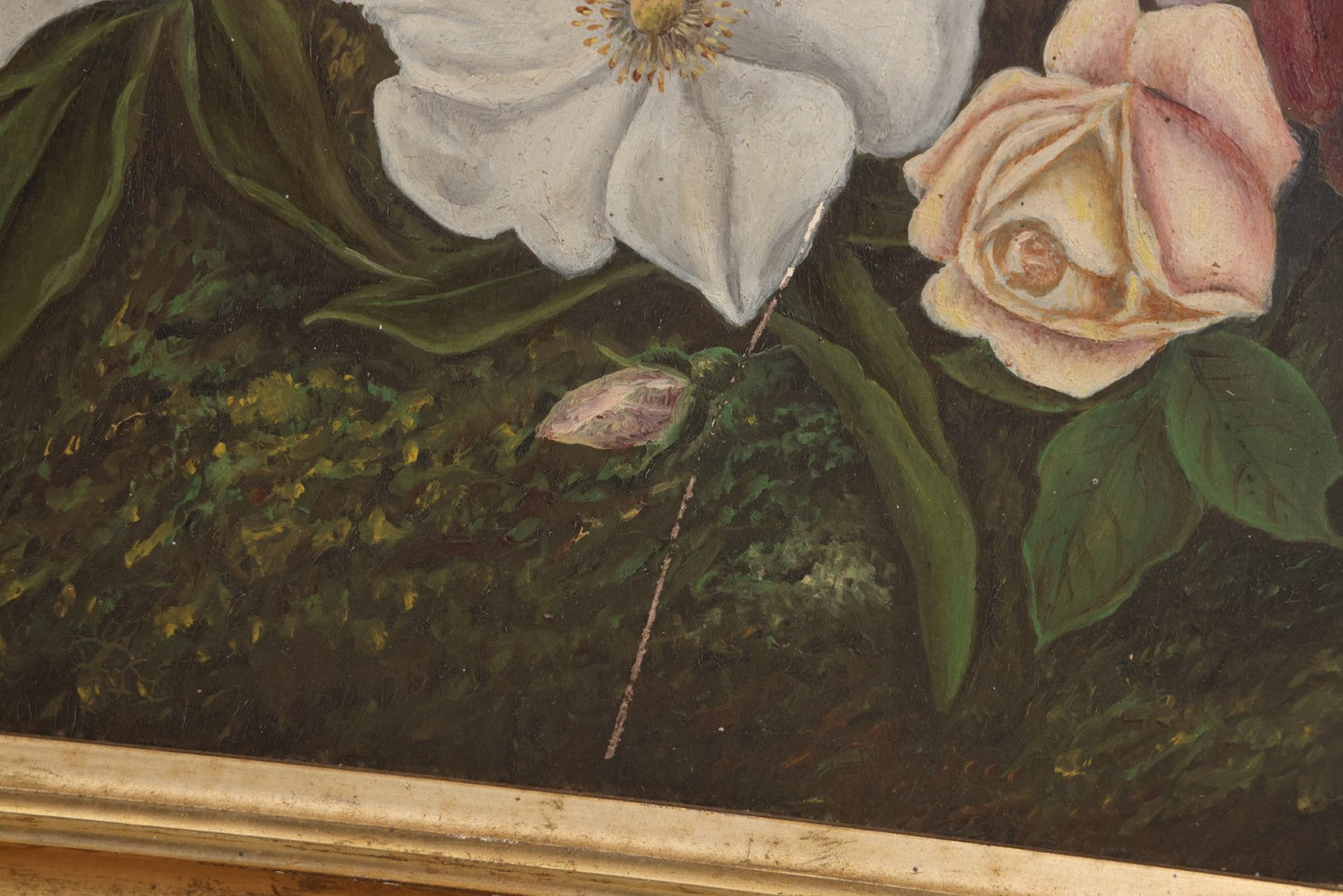 Lot 031 - Antique Oil On Board Still Life Painting Of Flowers With Red Rose, White And Pink Flowers, Green Background, In Frame, Board Marked From M.S. Baker, Dealer, Signed Tucker, Verso, Note Losses, Wear