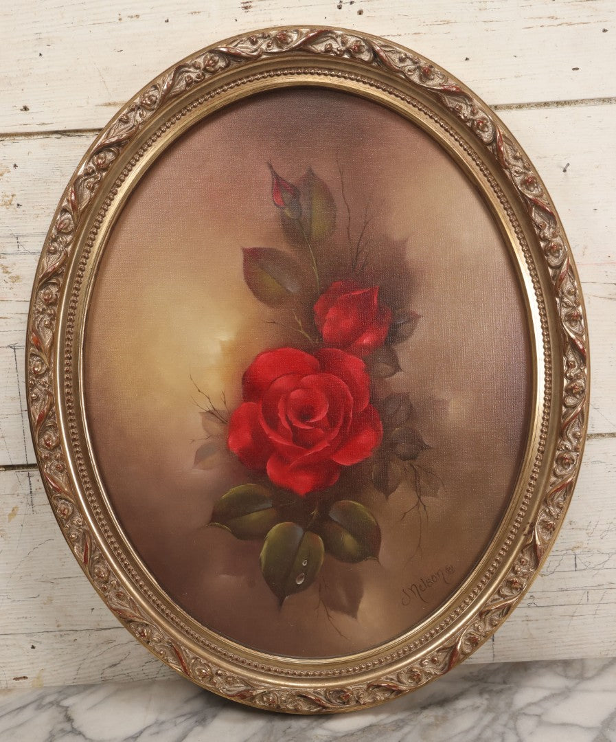 Lot 032 - Vintage Oil On Canvas Painting Or Deep Red Roses, Titled "Her Majesty," Joyce Nelson No. 818, Artist Signed, With Provenance On Verso, June 1981