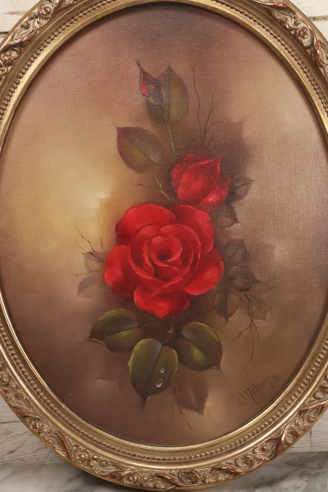 Lot 032 - Vintage Oil On Canvas Painting Or Deep Red Roses, Titled "Her Majesty," Joyce Nelson No. 818, Artist Signed, With Provenance On Verso, June 1981