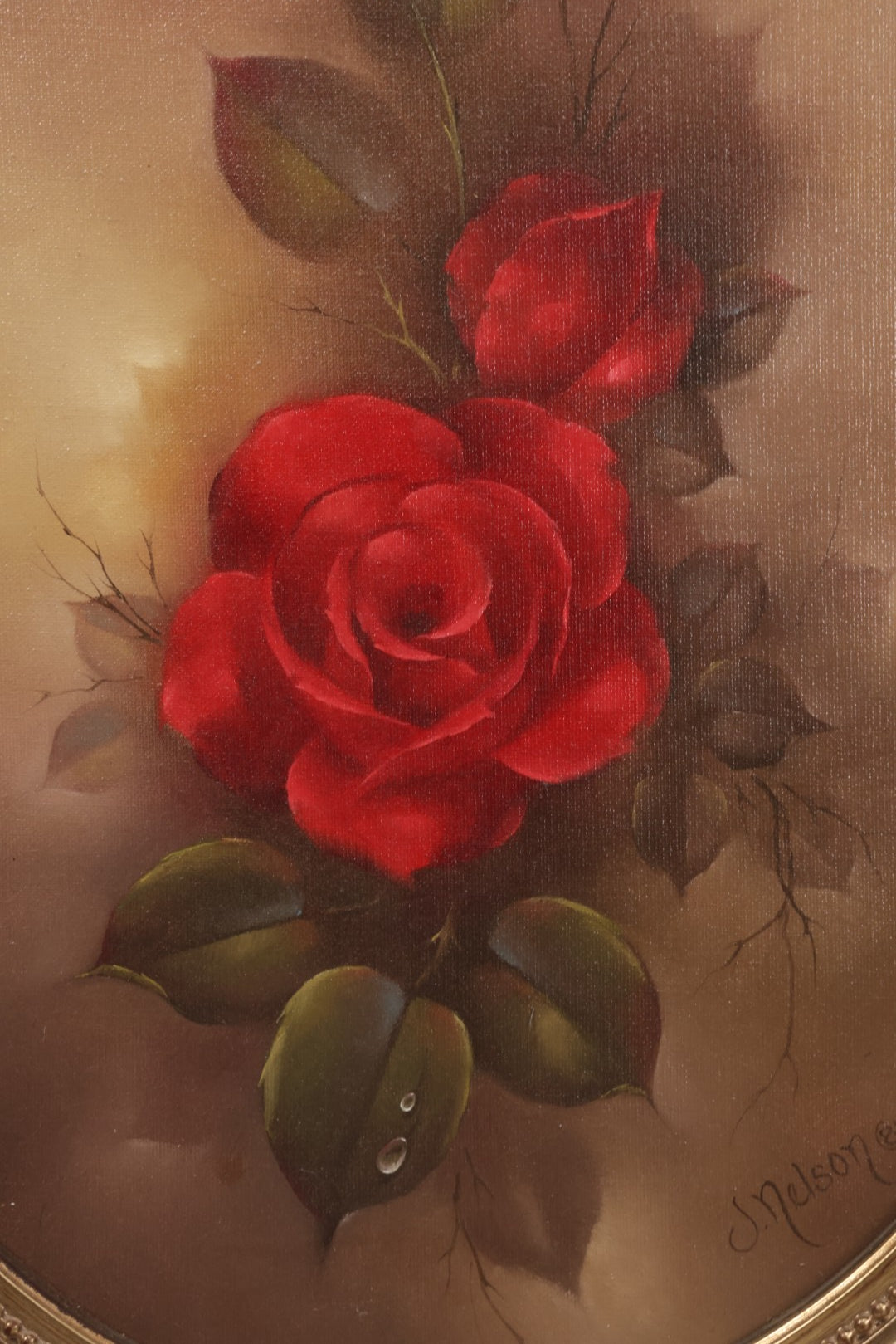 Lot 032 - Vintage Oil On Canvas Painting Or Deep Red Roses, Titled "Her Majesty," Joyce Nelson No. 818, Artist Signed, With Provenance On Verso, June 1981