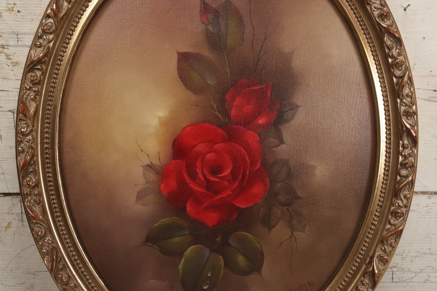 Lot 032 - Vintage Oil On Canvas Painting Or Deep Red Roses, Titled "Her Majesty," Joyce Nelson No. 818, Artist Signed, With Provenance On Verso, June 1981