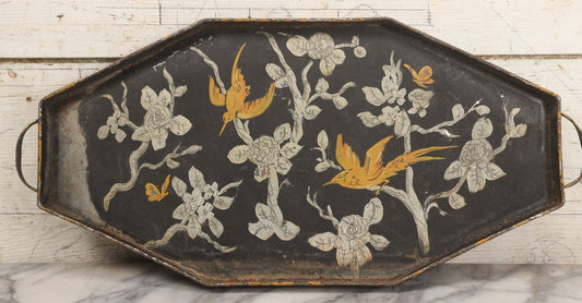 Lot 033 - Vintage Hand Painted Toleware Tray With Silver Flowers And Branches, Yellow Birds, Black Base