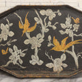 Lot 033 - Vintage Hand Painted Toleware Tray With Silver Flowers And Branches, Yellow Birds, Black Base, 20-1/2" x 10-1/4"