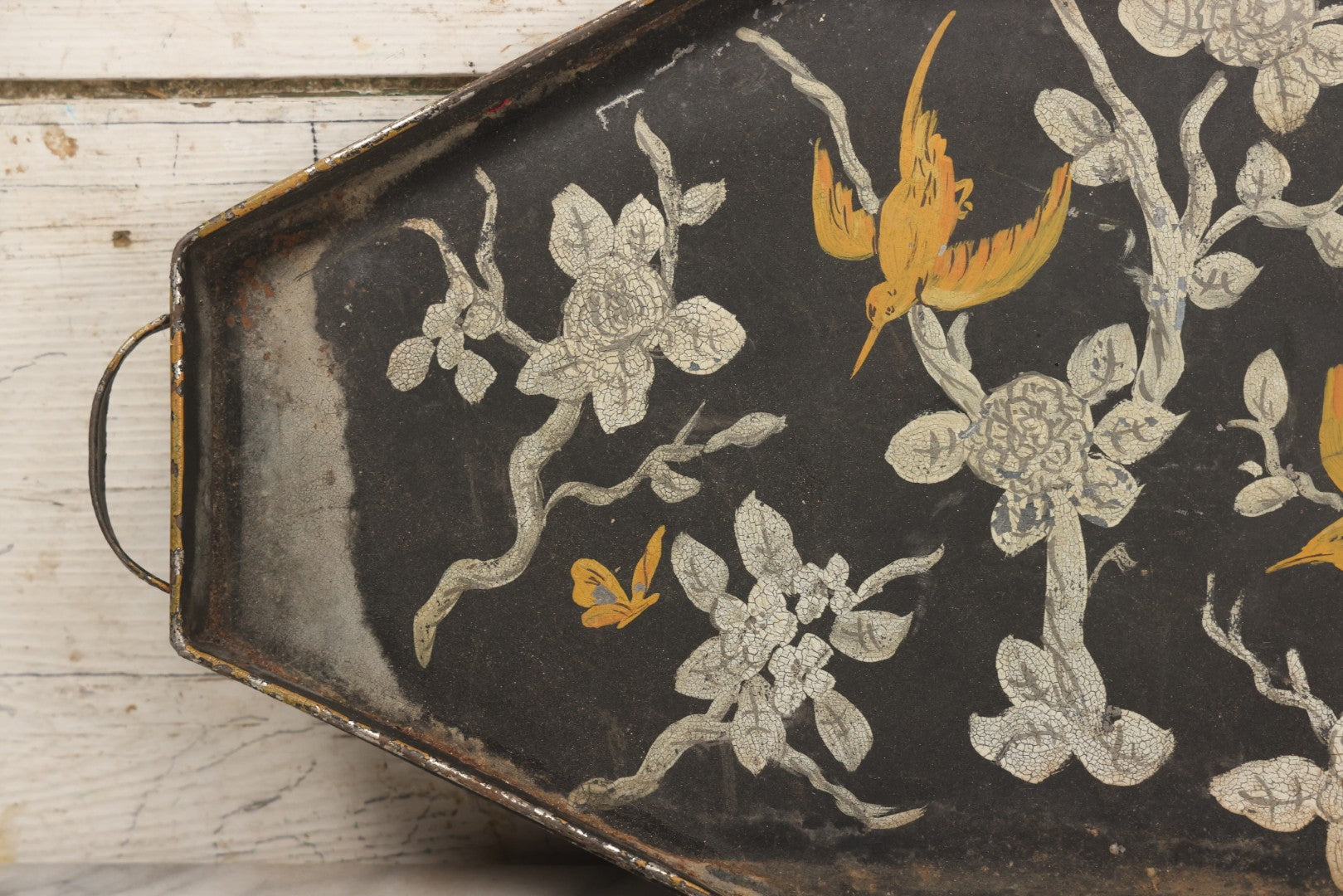 Lot 033 - Vintage Hand Painted Toleware Tray With Silver Flowers And Branches, Yellow Birds, Black Base