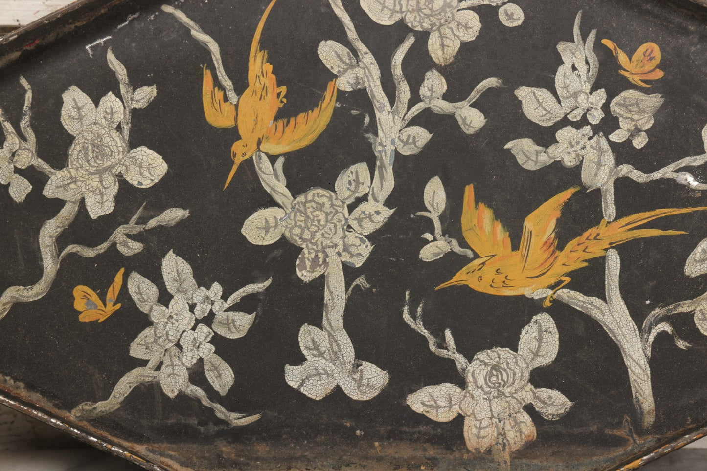 Lot 033 - Vintage Hand Painted Toleware Tray With Silver Flowers And Branches, Yellow Birds, Black Base
