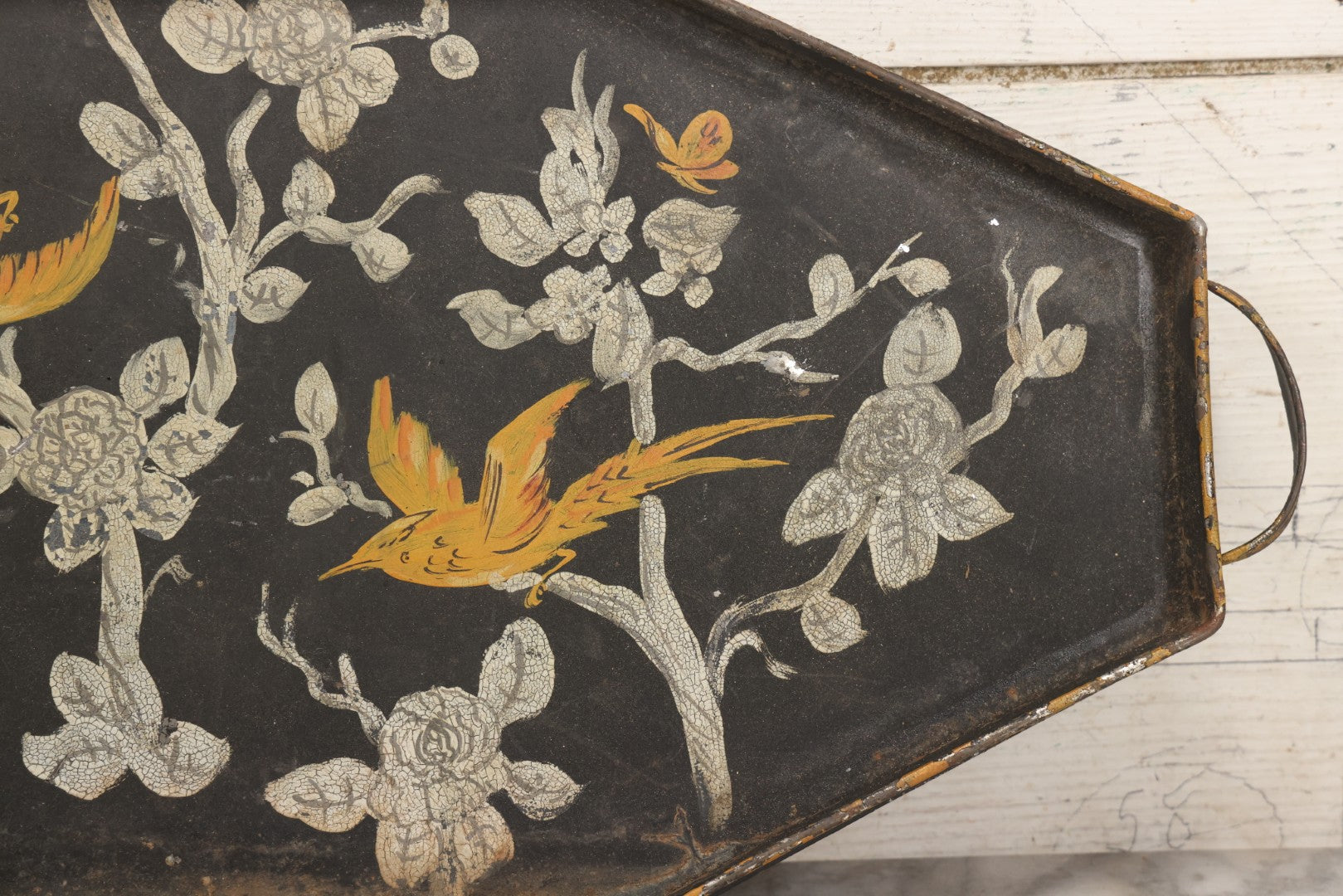Lot 033 - Vintage Hand Painted Toleware Tray With Silver Flowers And Branches, Yellow Birds, Black Base