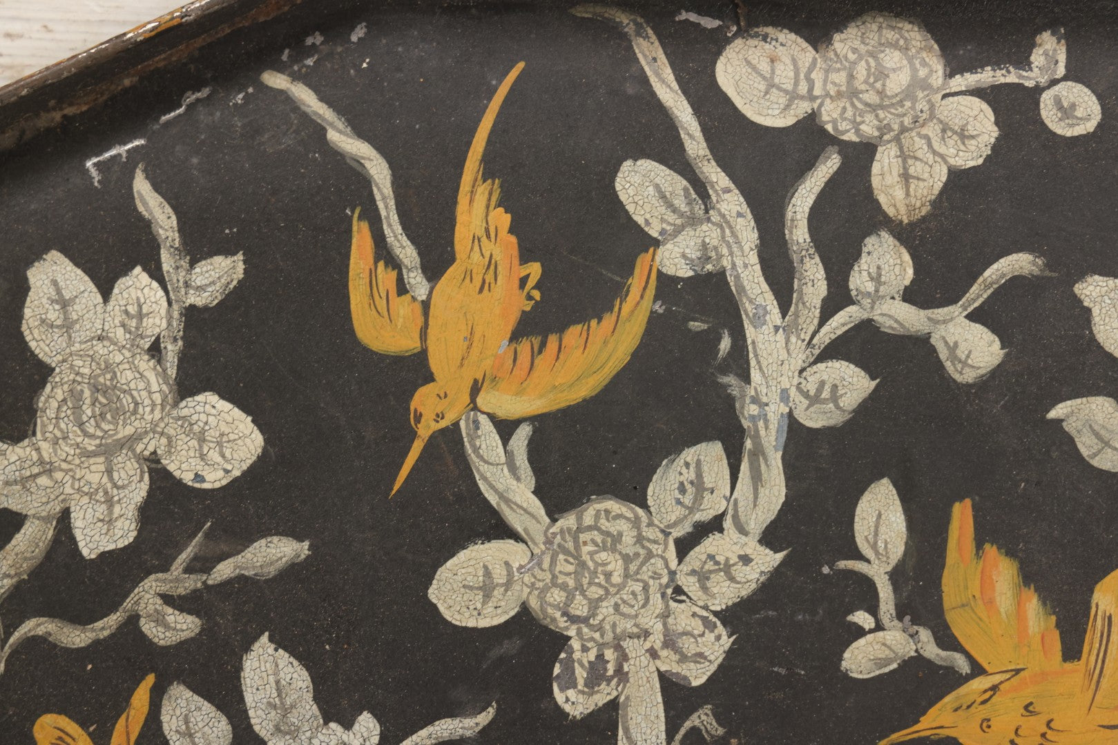 Lot 033 - Vintage Hand Painted Toleware Tray With Silver Flowers And Branches, Yellow Birds, Black Base