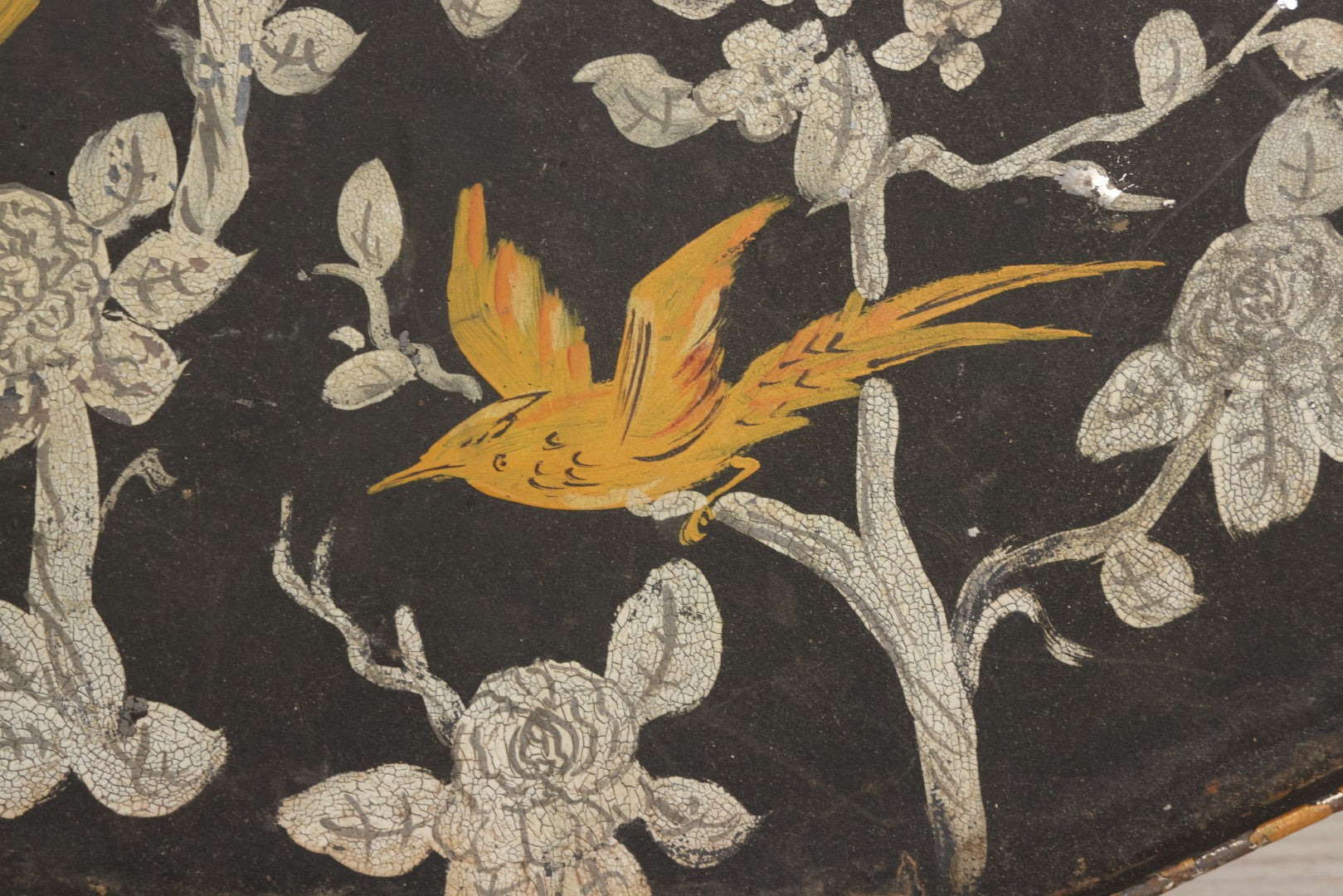 Lot 033 - Vintage Hand Painted Toleware Tray With Silver Flowers And Branches, Yellow Birds, Black Base