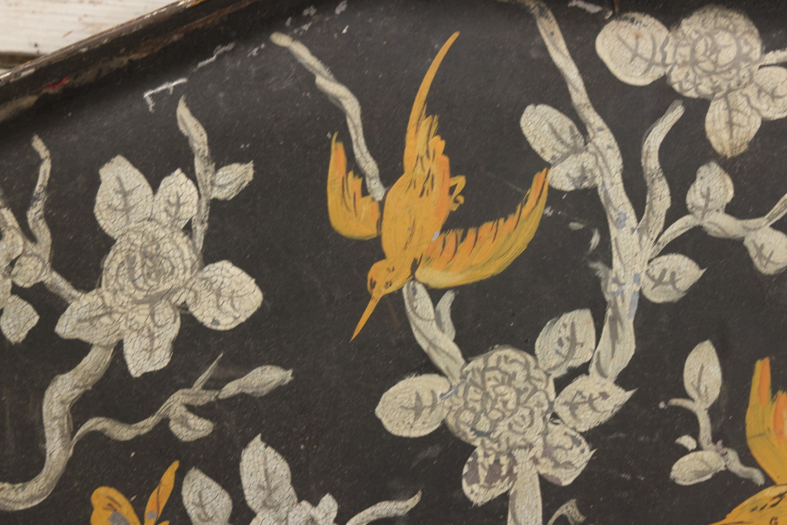 Lot 033 - Vintage Hand Painted Toleware Tray With Silver Flowers And Branches, Yellow Birds, Black Base