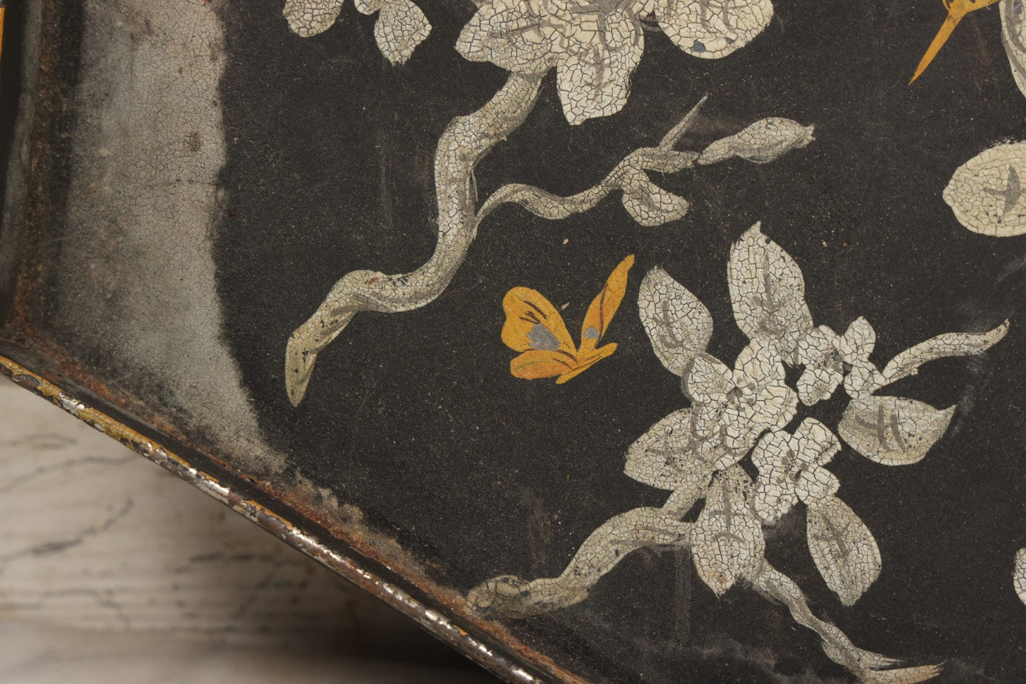 Lot 033 - Vintage Hand Painted Toleware Tray With Silver Flowers And Branches, Yellow Birds, Black Base