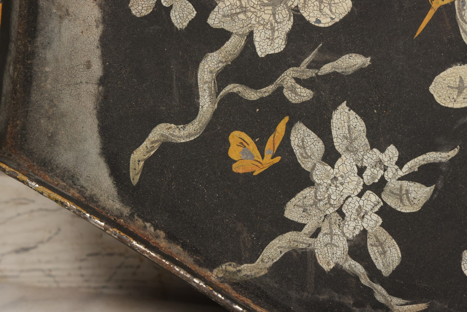 Lot 033 - Vintage Hand Painted Toleware Tray With Silver Flowers And Branches, Yellow Birds, Black Base