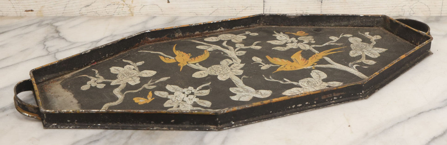 Lot 033 - Vintage Hand Painted Toleware Tray With Silver Flowers And Branches, Yellow Birds, Black Base