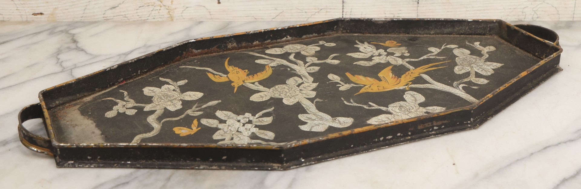 Lot 033 - Vintage Hand Painted Toleware Tray With Silver Flowers And Branches, Yellow Birds, Black Base