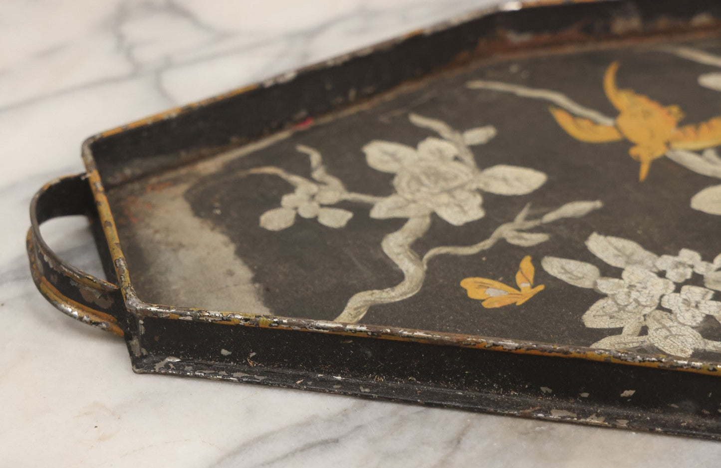 Lot 033 - Vintage Hand Painted Toleware Tray With Silver Flowers And Branches, Yellow Birds, Black Base