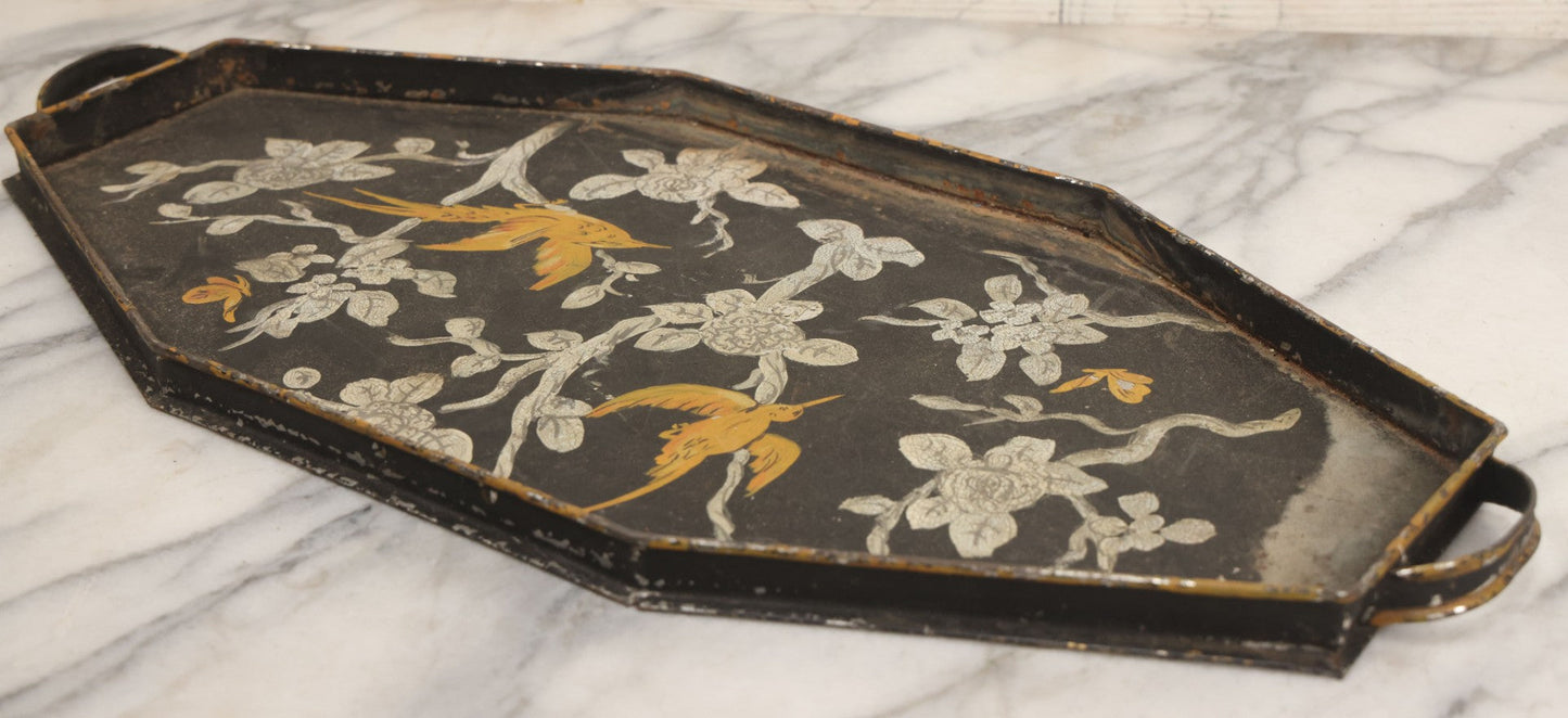 Lot 033 - Vintage Hand Painted Toleware Tray With Silver Flowers And Branches, Yellow Birds, Black Base